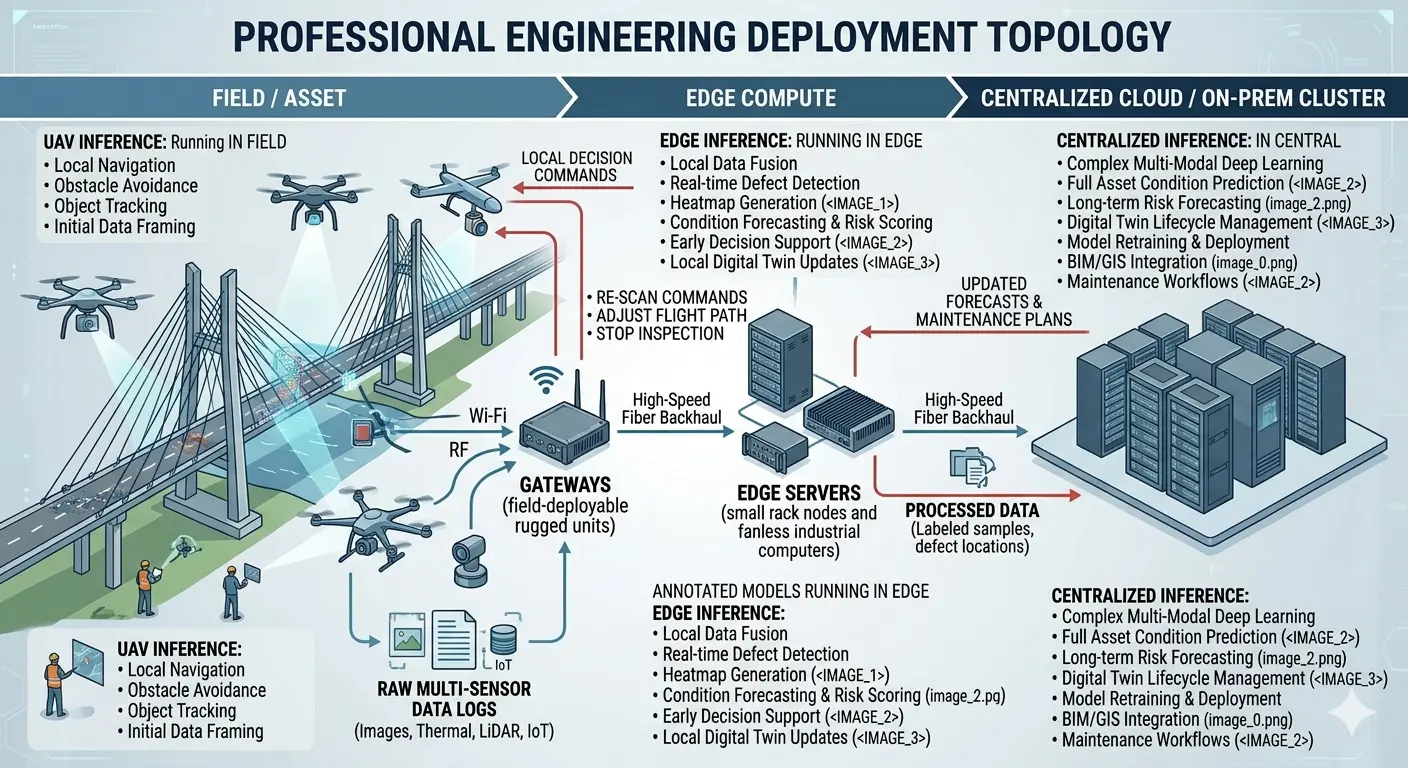 Three-tier hybrid deployment topology for AI inspection: on-board UAV edge inference, fog gateway processing at site, and centralized cloud cluster.