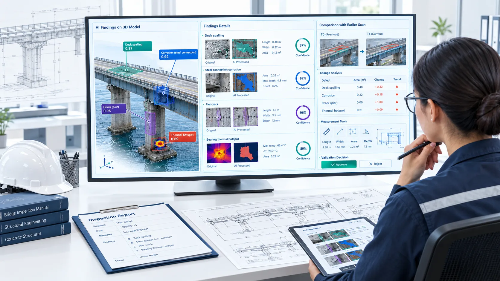 Scientific engineering illustration of qualified structural engineers validating AI-detected infrastructure defects with side-by-side evidence review.