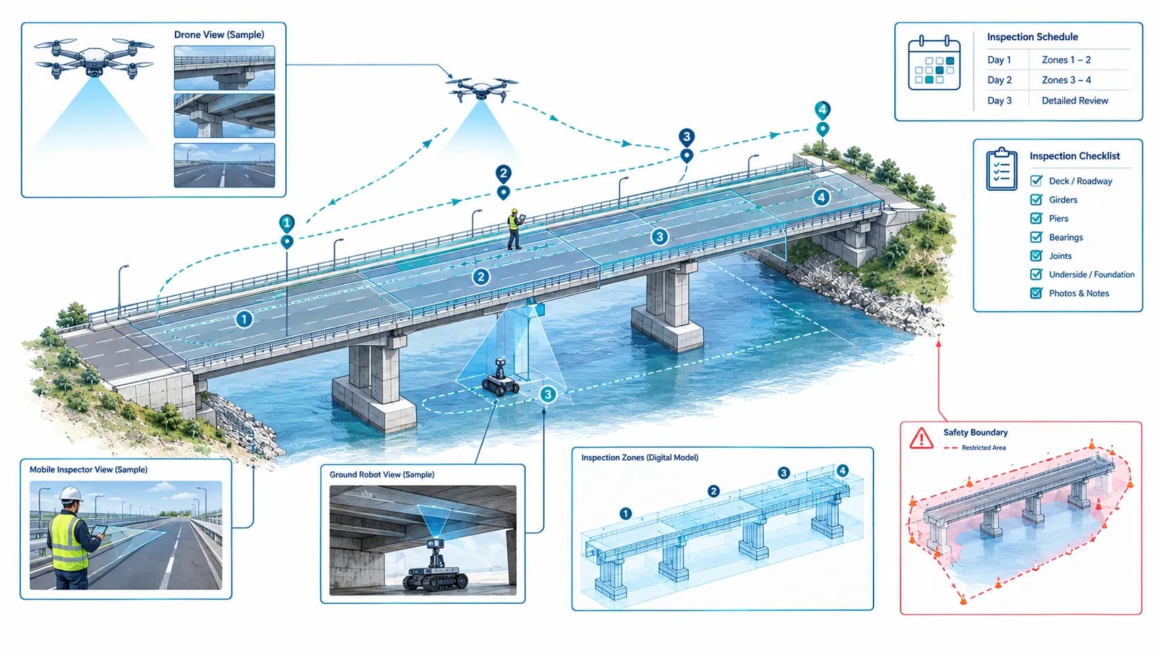 Scientific technical illustration of infrastructure inspection planning with numbered zones, repeatable drone routes, robot paths, and safety boundaries.
