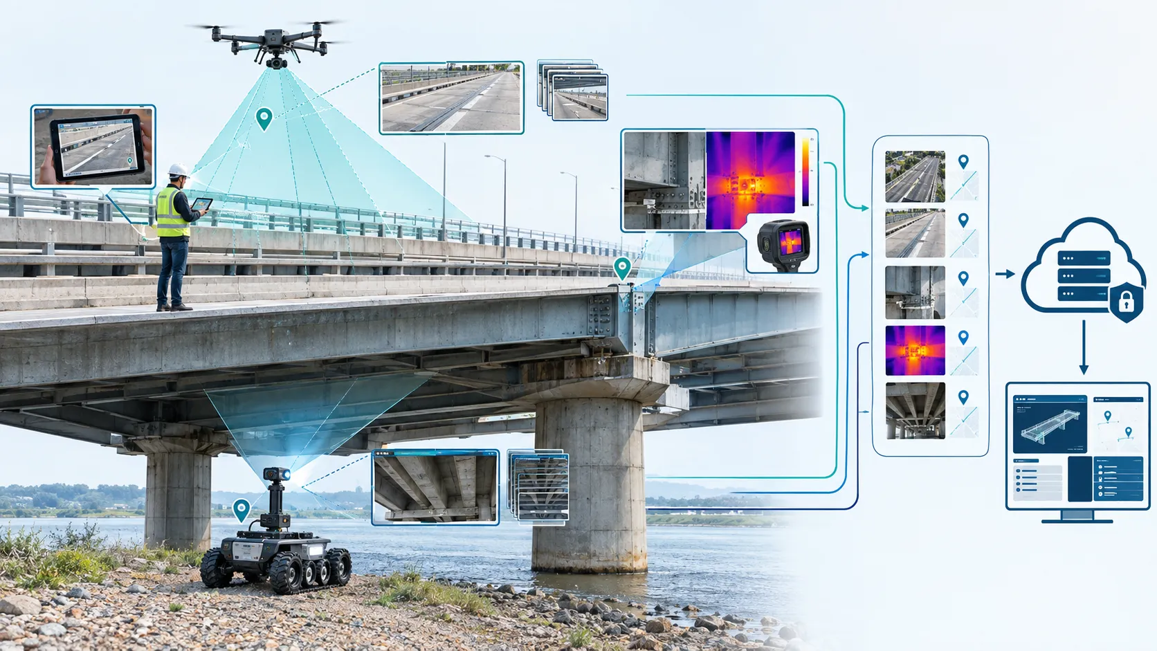 Scientific technical illustration of multimodal reality capture with drones, ground rovers, and thermal sensors capturing geotagged inspection evidence.
