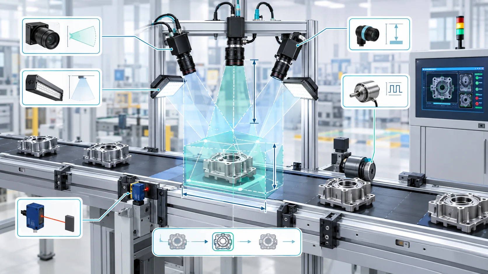 Scientific engineering illustration of an automated machine-vision inspection cell on a production line with industrial cameras, lighting, and sensors.