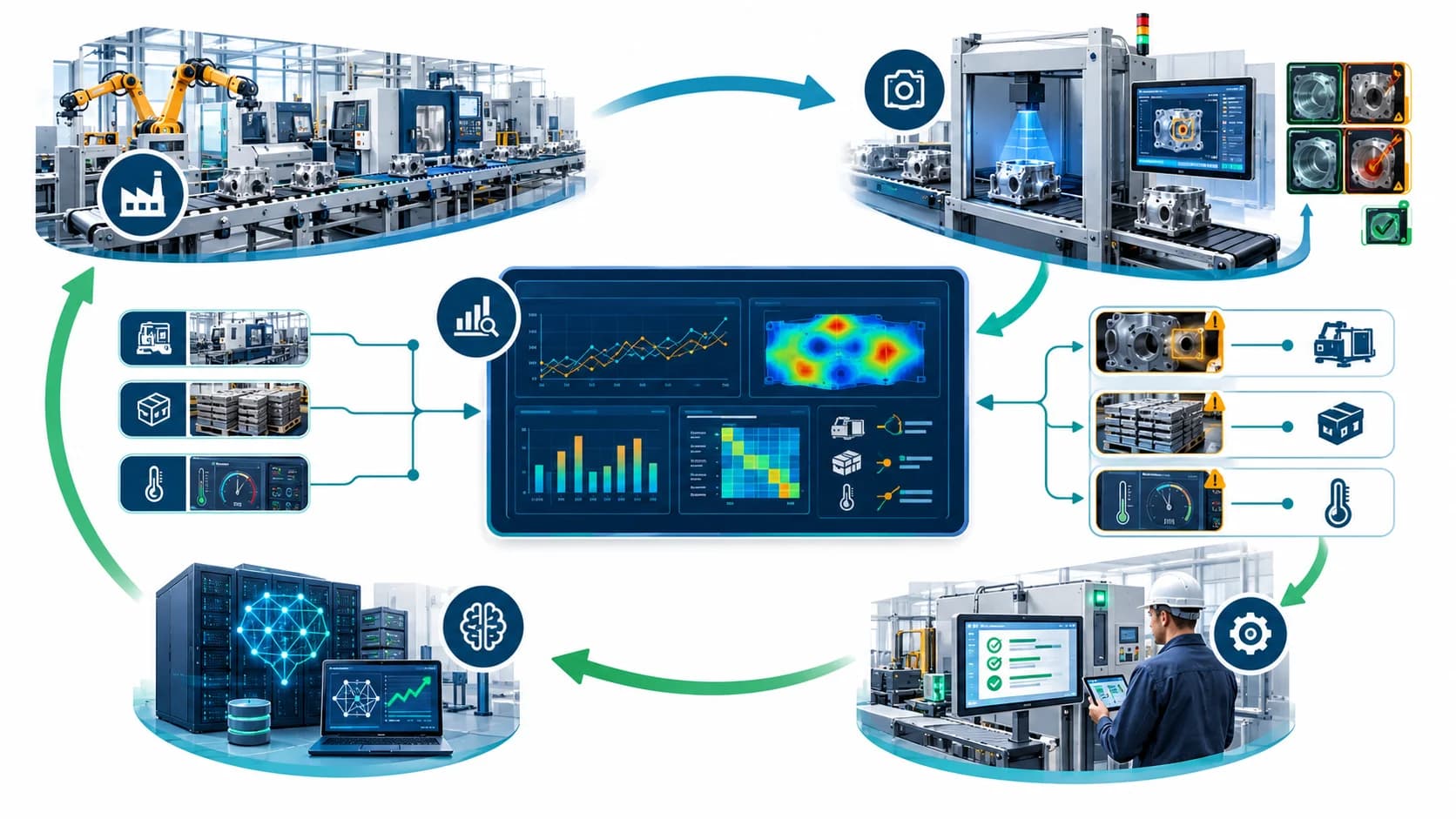 Scientific closed-loop quality-improvement illustration for an AI-enabled production line with defect analytics and model retraining loop.