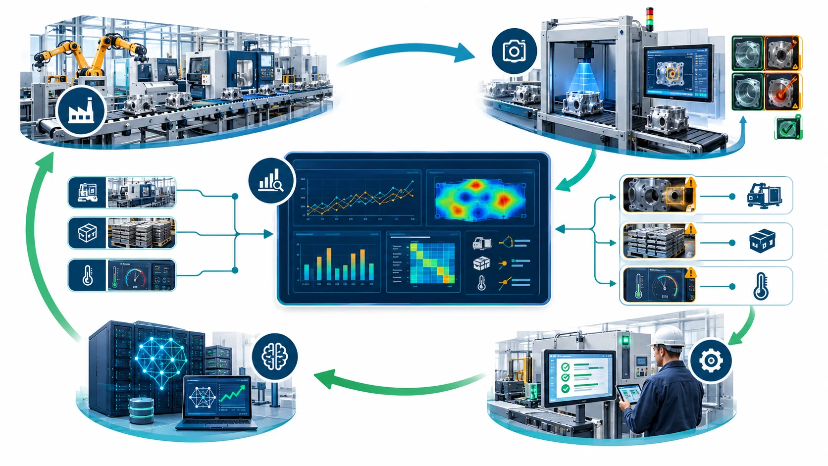 Scientific closed-loop quality-improvement illustration for an AI-enabled production line with defect analytics and model retraining loop.
