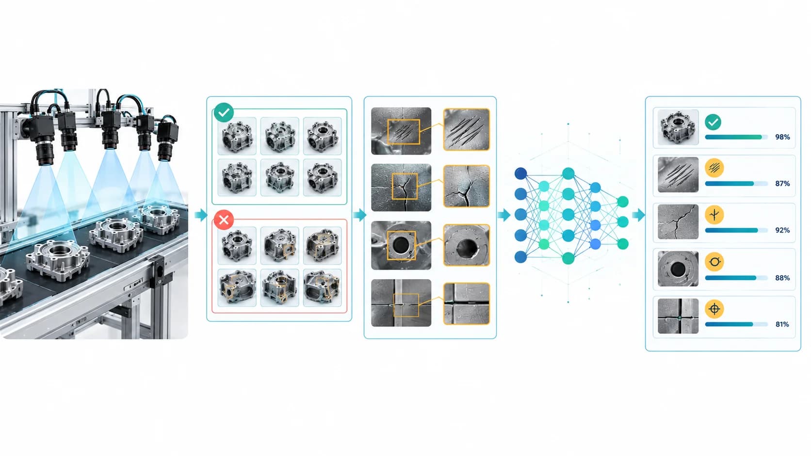 Scientific AI-development workflow illustration for production-line visual inspection showing dataset annotation and neural network training.