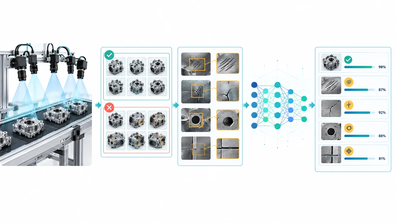 Scientific AI-development workflow illustration for production-line visual inspection showing dataset annotation and neural network training.