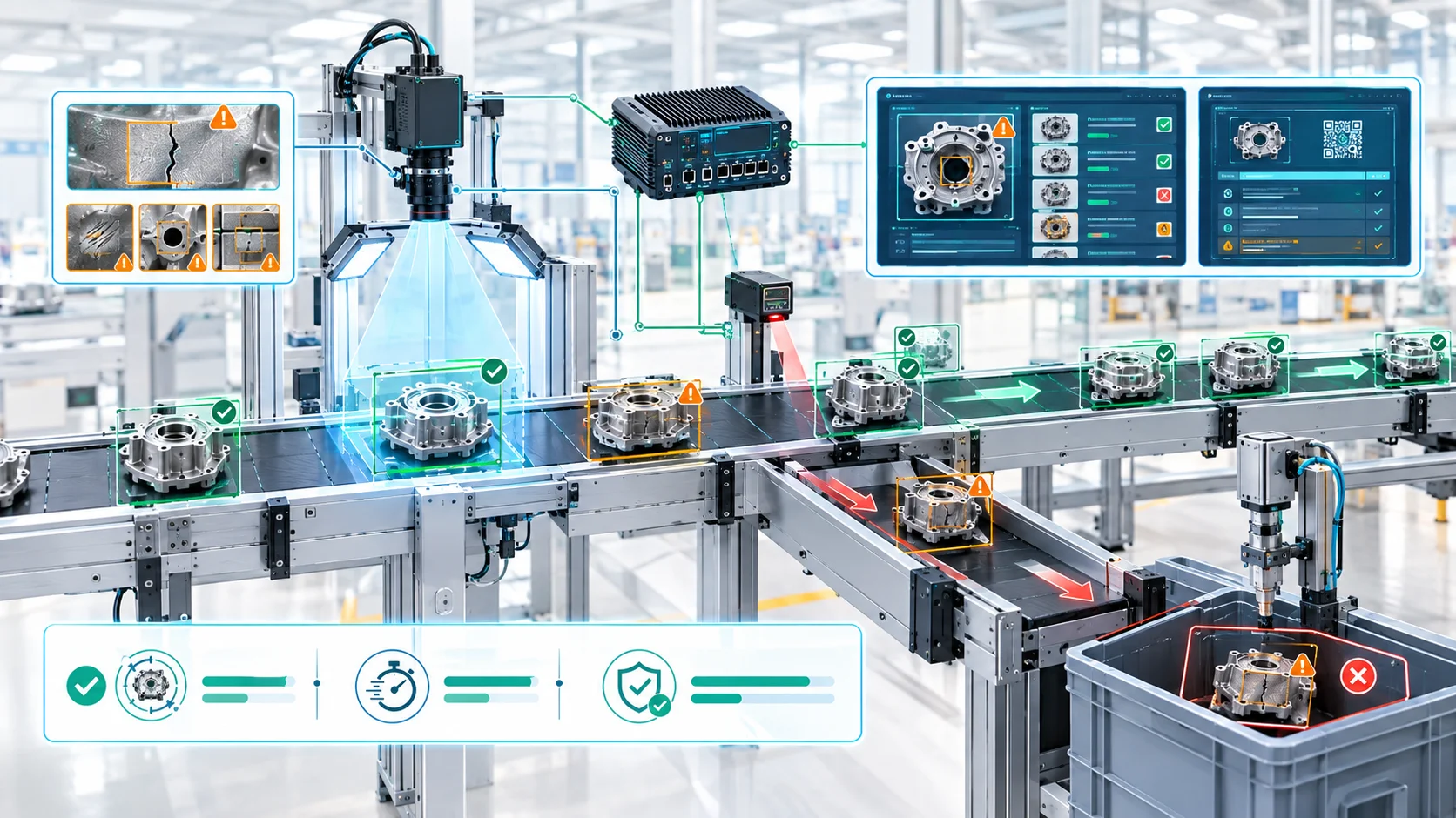 Scientific real-time AI visual inspection illustration showing manufactured products moving through an automated production line to pass or reject lanes.