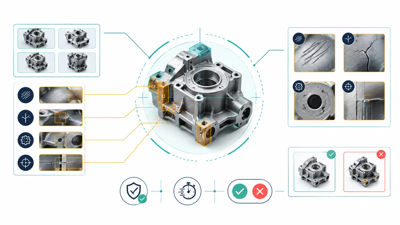 Scientific process illustration of the planning stage of AI visual inspection on an automated production line with defect categories and pass/fail criteria.