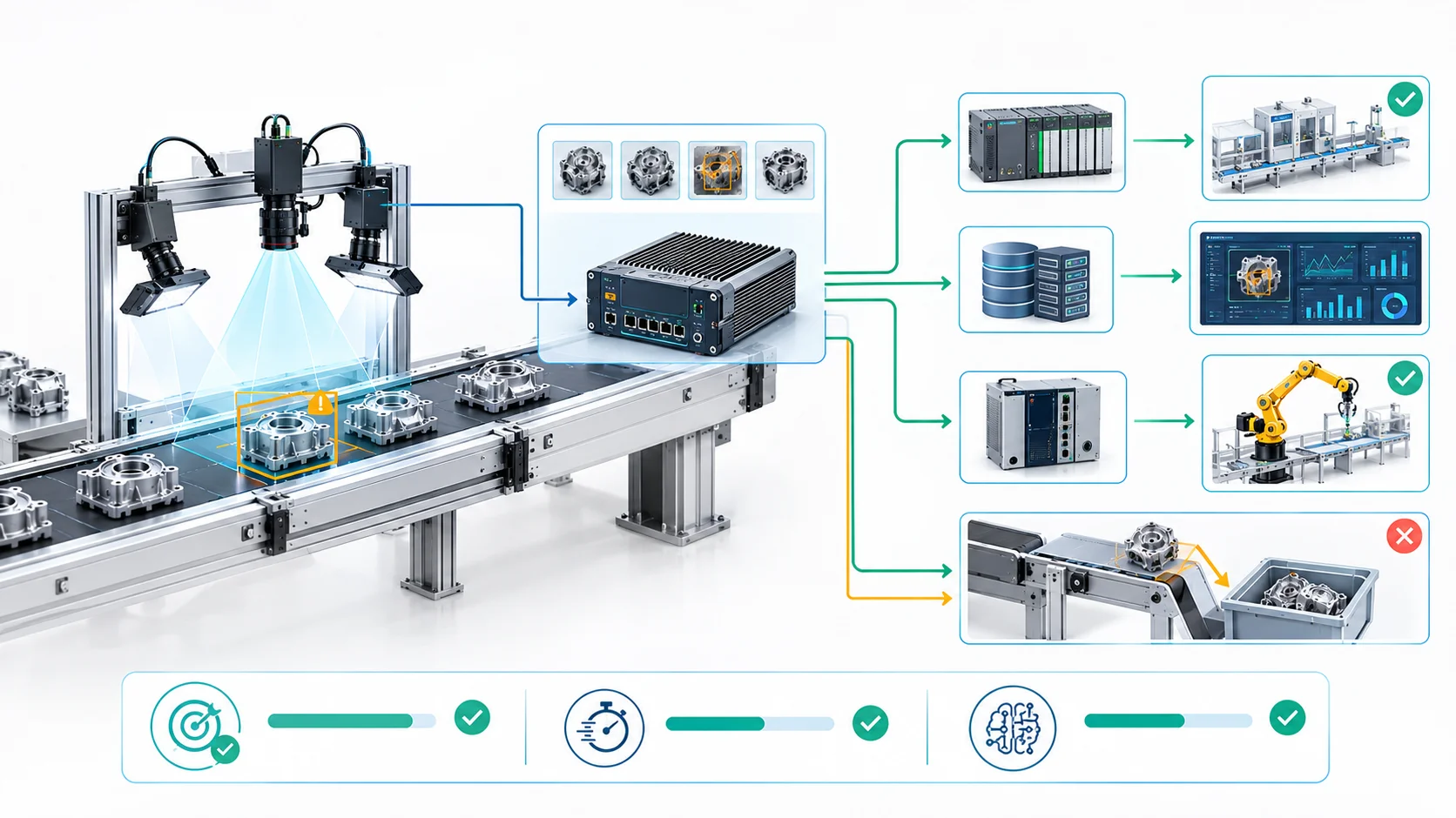 Scientific systems-integration illustration showing an AI visual inspection station connected to industrial production controls, PLC, and MES.