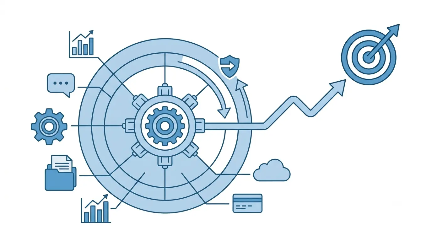 Minimalist blue vector diagram depicting a continuous feedback loop connecting a monitoring dashboard, retrain gear icon, and growth chart, integrated alongside a central hub and a target icon.