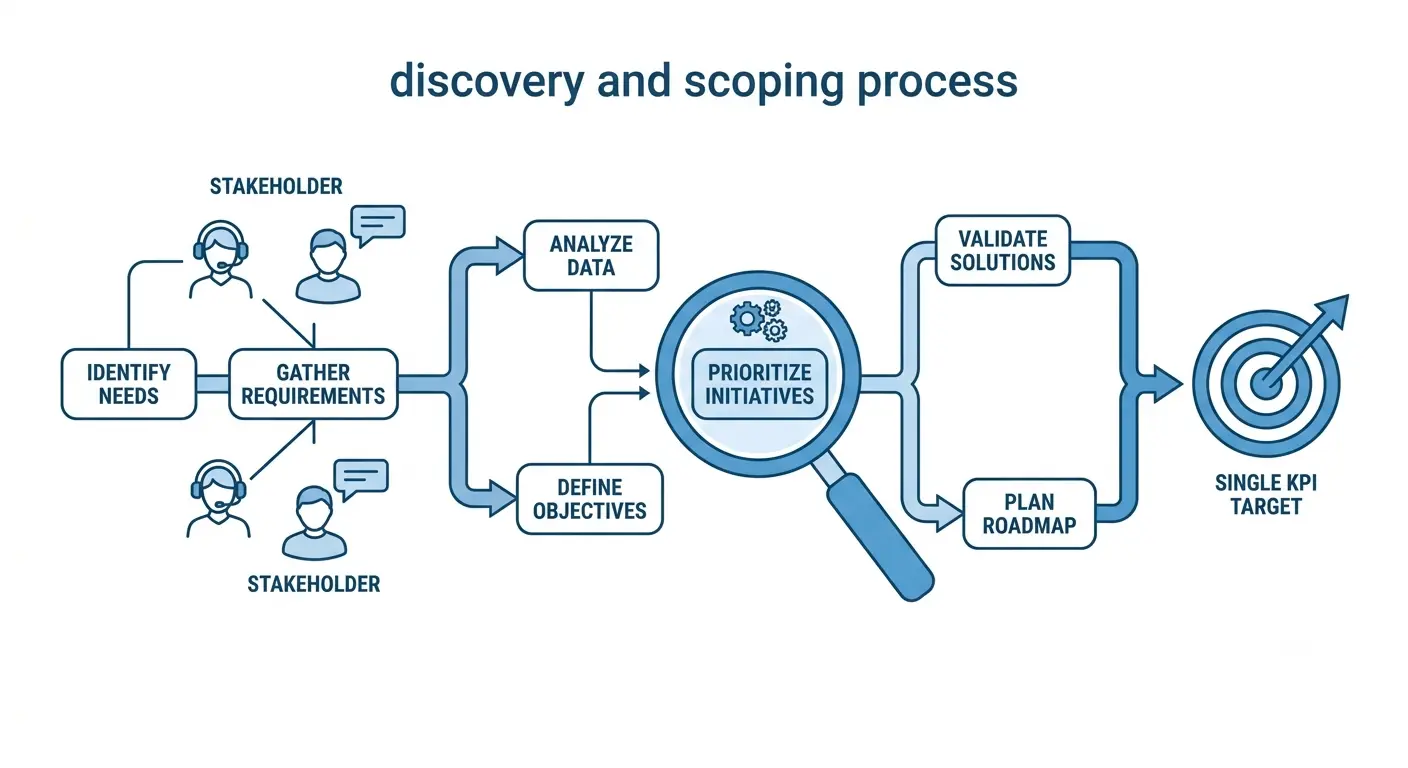 Minimalist 2D line-art process map on a white background in shades of blue showing stakeholder icons flowing into requirements gathering, branching out through decision nodes highlighted by a central magnifying glass, and converging into a single target icon.