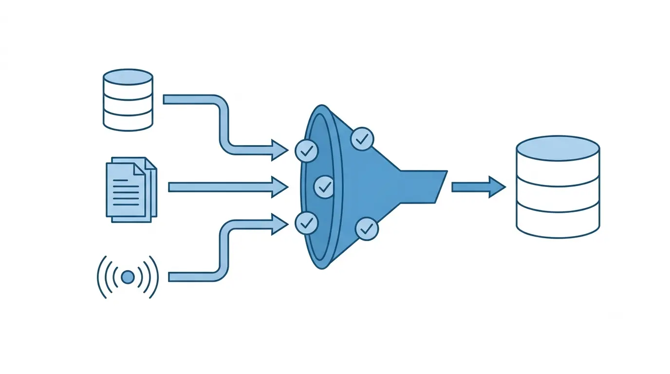 Minimalist blue vector graphic showing a central gear surrounded by circular data orbits, a test flask, and a gauge indicator, with an upward-trending arrow leading to a target node.