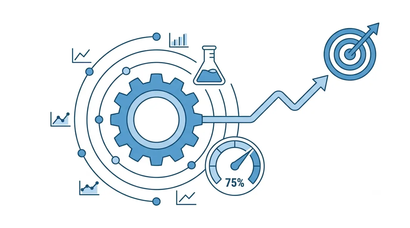 Flat 2D vector diagram in blue tones displaying a central hub connected to multiple system icons-including charts, gears, and folders-surrounded by expanding concentric rings and a rollback shield icon leading to a target goal.