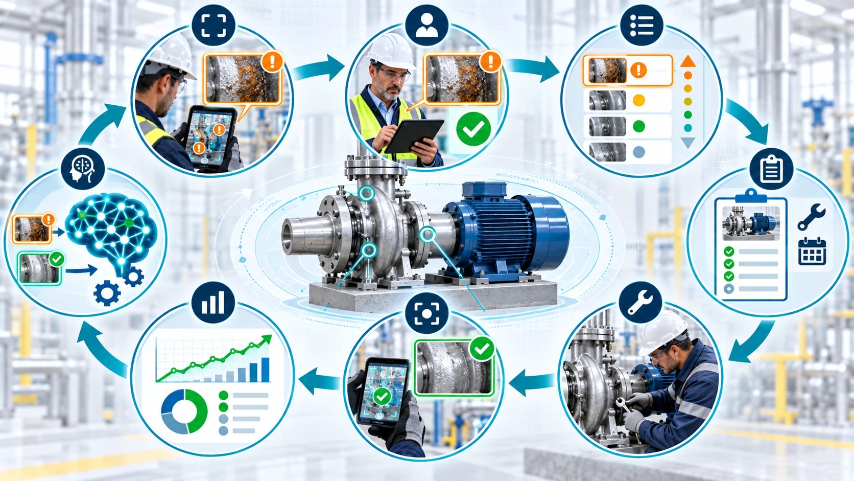 Closed-loop inspection workflow from AI defect detection to CMMS work order resolution and model retraining