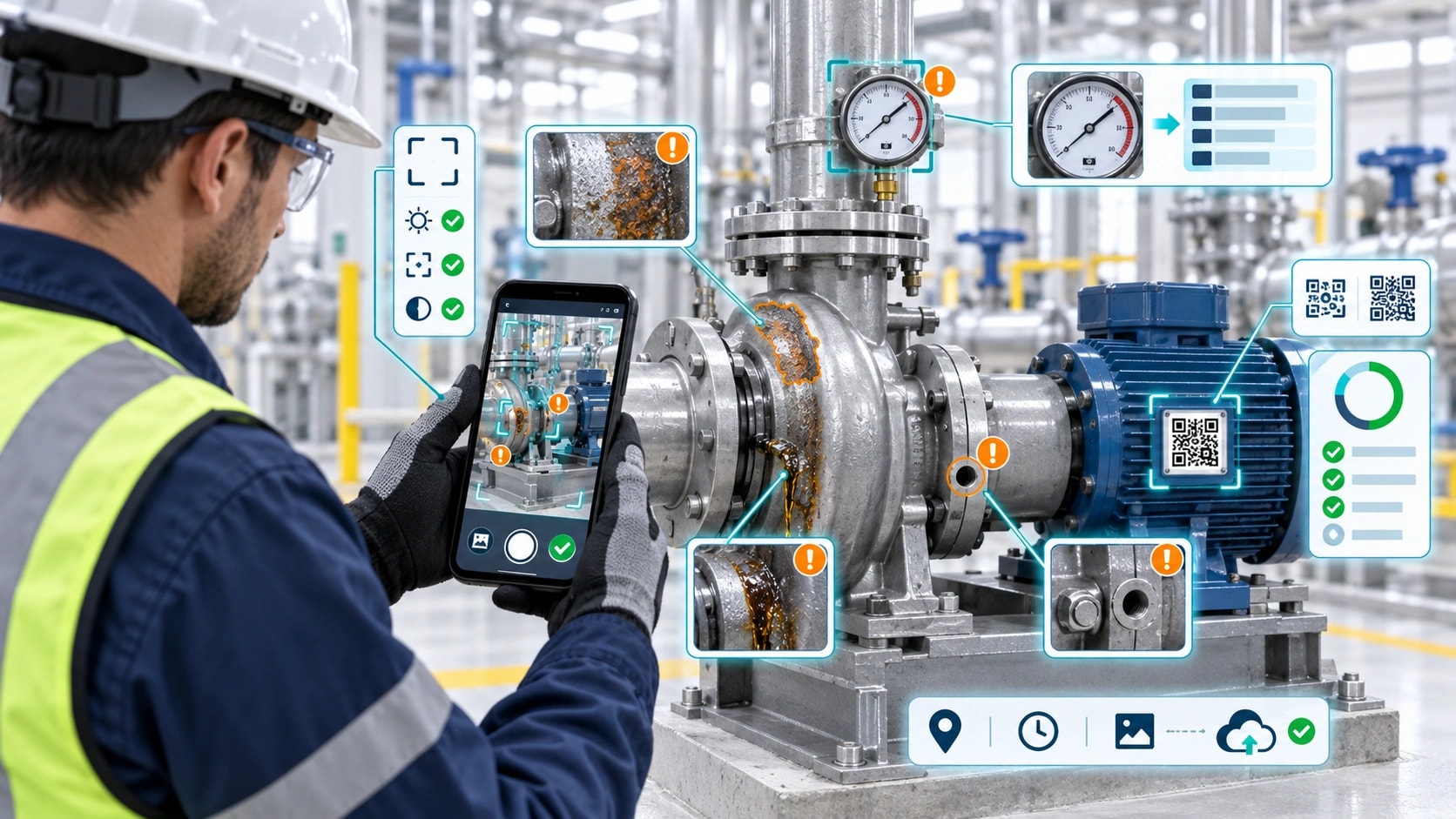 Field technician conducting guided mobile AI visual inspection on industrial pump with computer vision overlays
