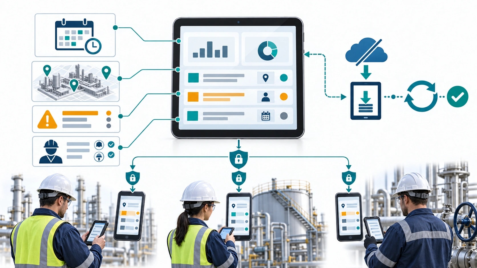 Centralized inspection planning dashboard and secure offline synchronization to mobile field teams
