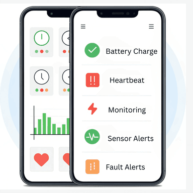 Image of device health monitoring system displaying battery charge status, sensor heartbeat signals, and fault detection alerts