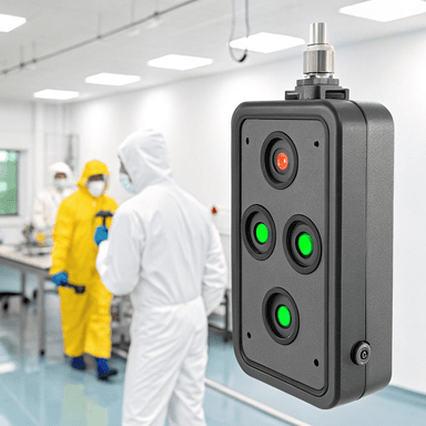 Image of gas detection interface showing real-time O₂, H₂S, CO, LEL, and VOC levels with TWA/STEL compliance indicators