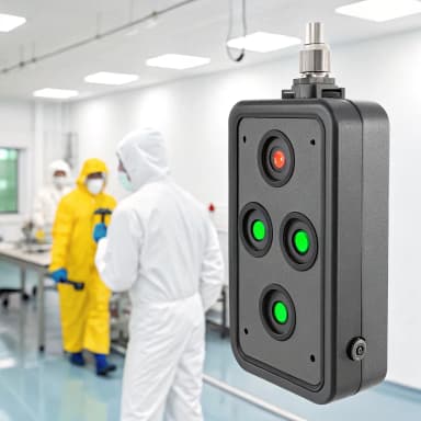 Image of gas detection interface showing real-time O₂, H₂S, CO, LEL, and VOC levels with TWA/STEL compliance indicators