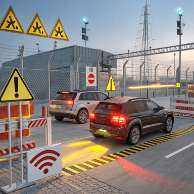 Image of proximity alert system monitoring worker distance from vehicles, energized zones, and restricted area boundaries